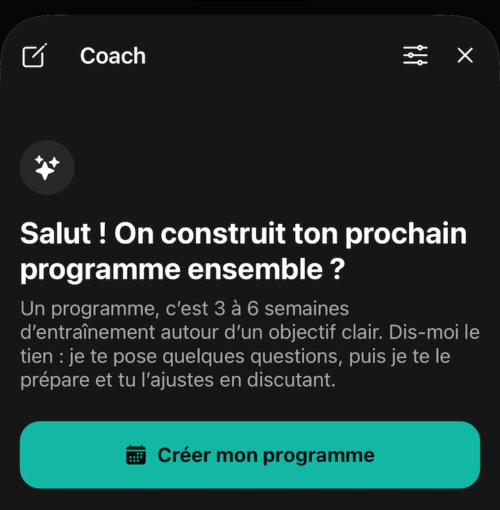 Accueil de l’onglet Coach dans l’app Sarox : « Salut ! On construit ton prochain programme ensemble ? » et le bouton Créer mon programme.