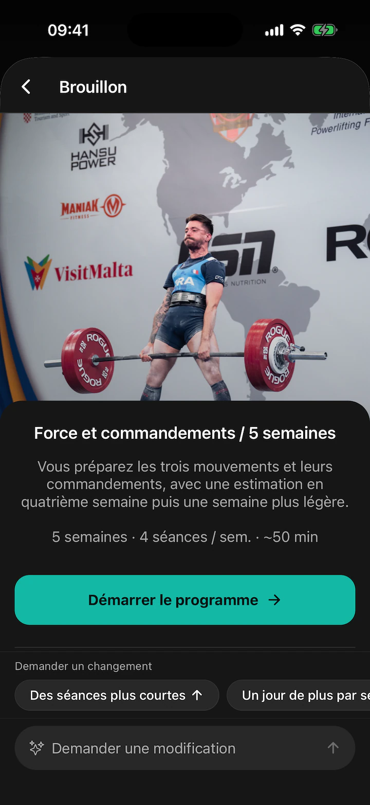 Écran de l’app Sarox : le bloc Force et commandements créé par l’IA, en brouillon, avec en couverture Guti au soulevé de terre. 5 semaines, 4 séances par semaine, bouton Démarrer le programme, semaine 1, séance 1.